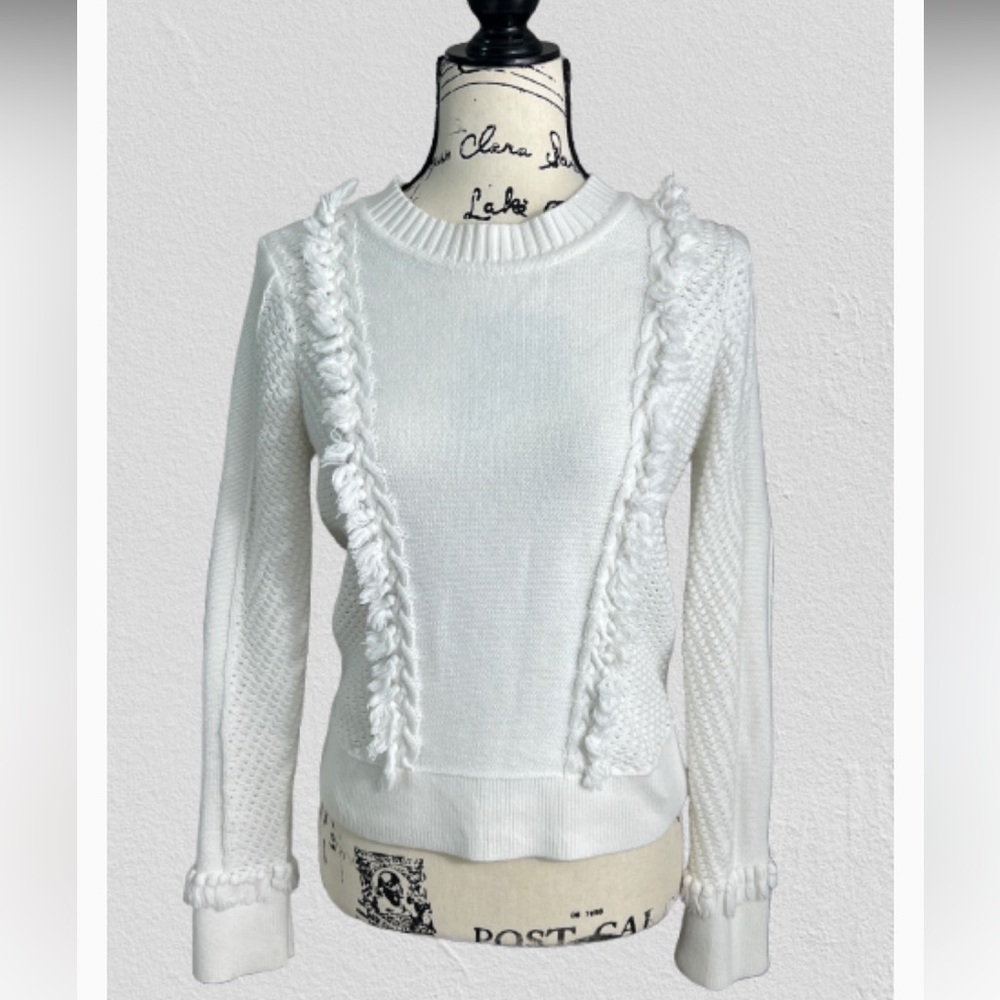 Kinross White Cable‎ knit Textured Frayed Crewneck Sweater